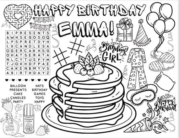 Customizable pancake breakfast birthday printable coloring page sleepover activity sheet pajama party