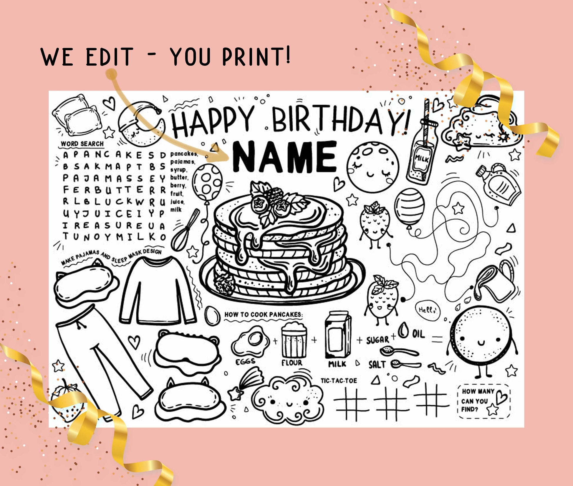 Pancakes and pajamas coloring placemat personalized name pj party acti â stickersforlife