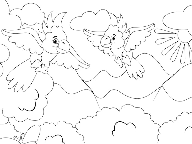 Premium vector two parrots are flying in the sky vector page for printable children coloring book