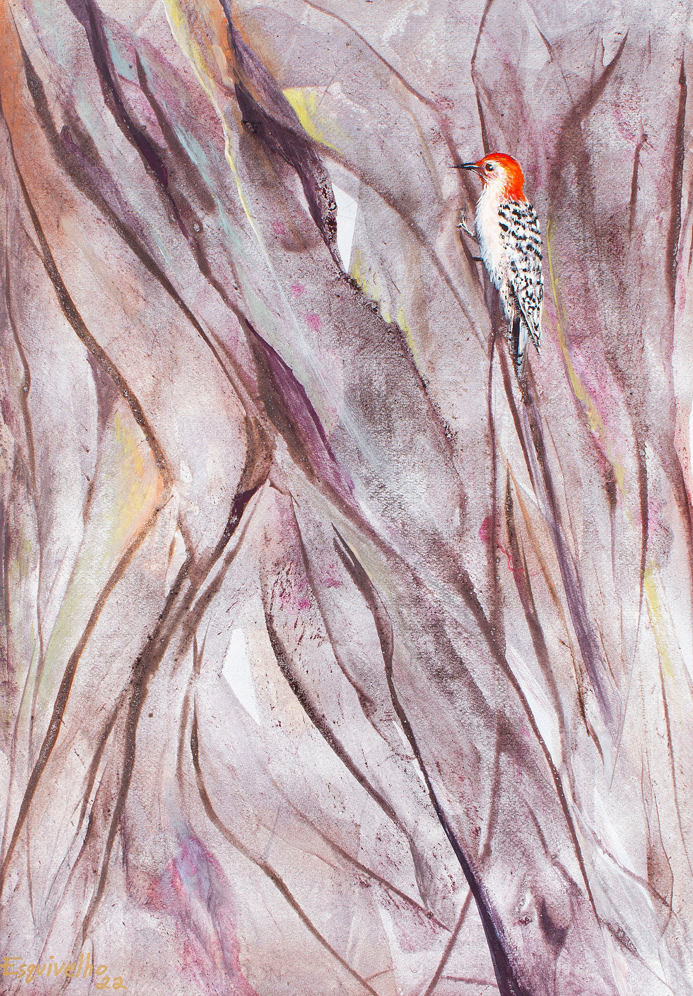 Acrylic and dyes on paper painting of a woodpecker in a tree