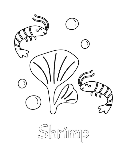 Pãgina para colorear con animal del ocãano camaron garabatos dibujados a mano aprender vocabulario de palabras en inglãs para niãos vida submarina ilustraciãn vectorial vector premium