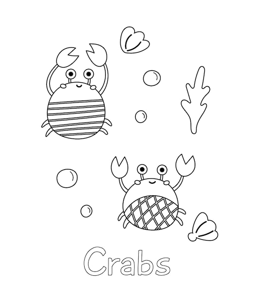 Libro para colorear con animal del ocãano cangrejos y conchas de dibujos animados lindo aprender palabras en inglãs para niãos ilustraciãn vectorial vector premium