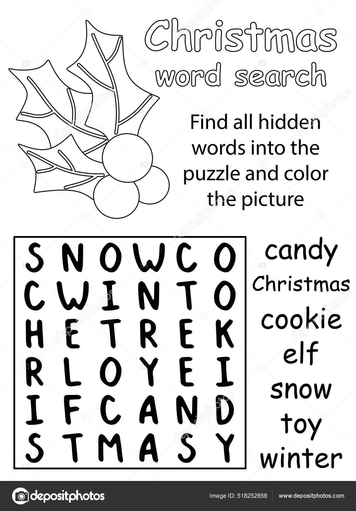 Puzzle de bãºsqueda de palabras navideãas para niãos ilustraciãn vectorial de hoja de trabajo imprimible en