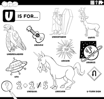 Premium vector letter u words educational set coloring book page