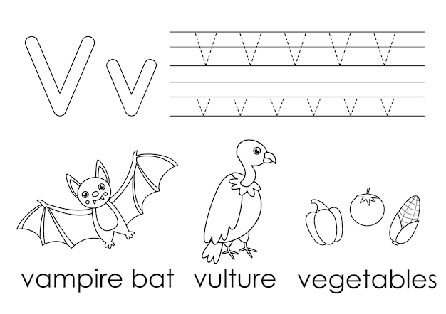 Aprender el alfabeto inglãs para niãos letra v libro para colorear vector premium