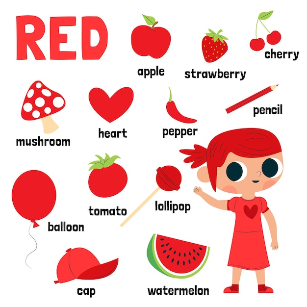 Color rojo y vocabulario en inglãs para niãos vector gratis