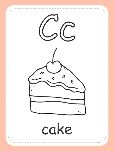 Alfabeto para colorear tarjeta de libro para niãos con letra c y pedazo de pastel pastel de palabras alfabeto inglãs vector premium