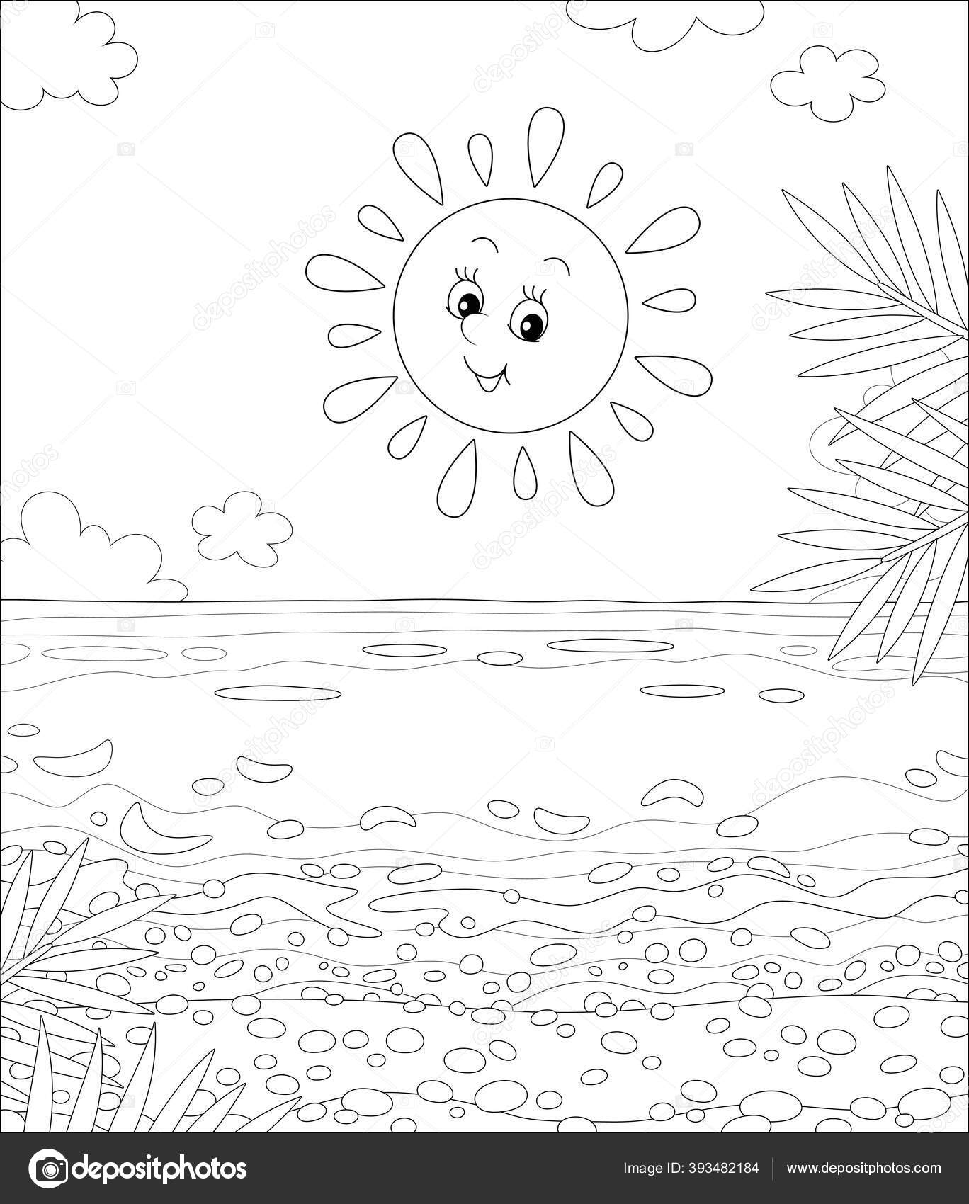 Friendly smiling sun shining sandy beach palm branches beautiful island stock vector by alexbannykh