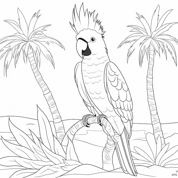 Premium ai image a coloring page of a parrot sitting on a branch near a palm tree generative ai