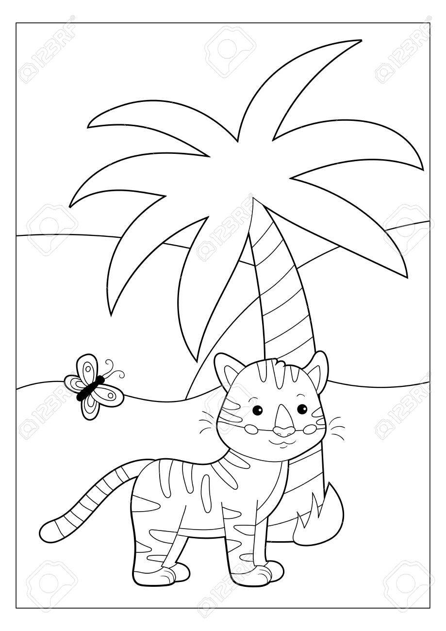 Coloring book or page for children cute cartoon kawaii tiger palm tree and butterfly outline illustration black and white educational game for kids royalty free svg cliparts vectors and stock illustration image