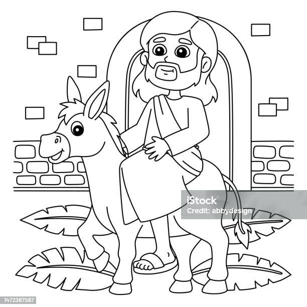 Christian jesus on palm sunday coloring page stock illustration
