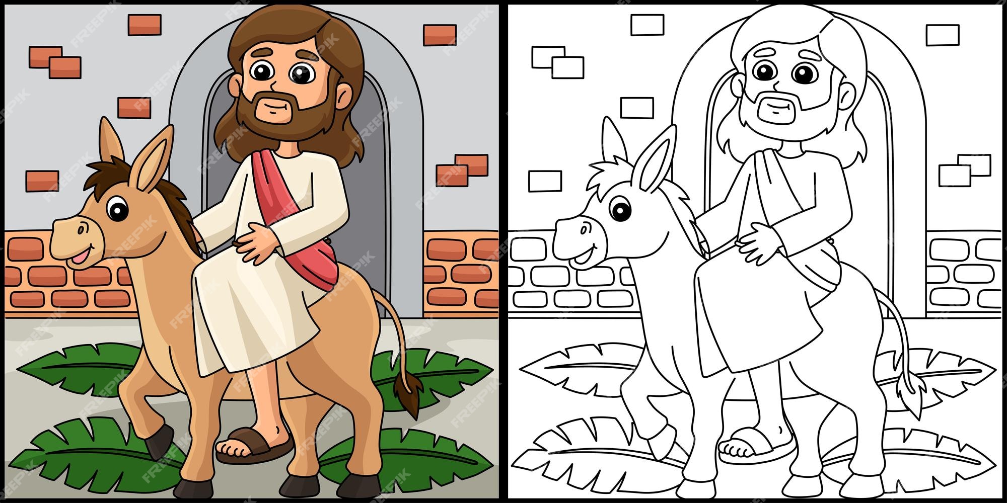 Premium vector this coloring page shows a christian jesus on palm sunday one side of this illustration is colored and serves as an inspiration for children