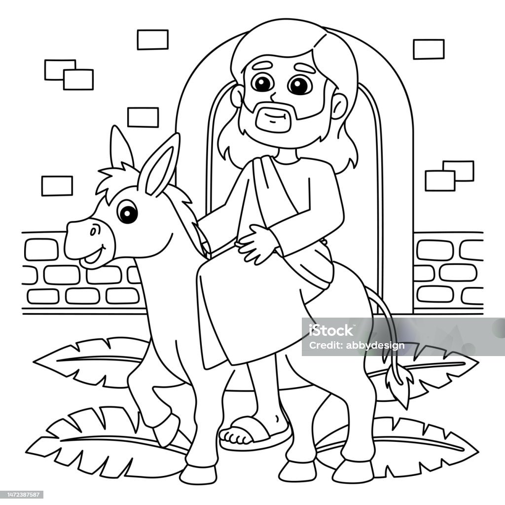 Christian jesus on palm sunday coloring page stock illustration