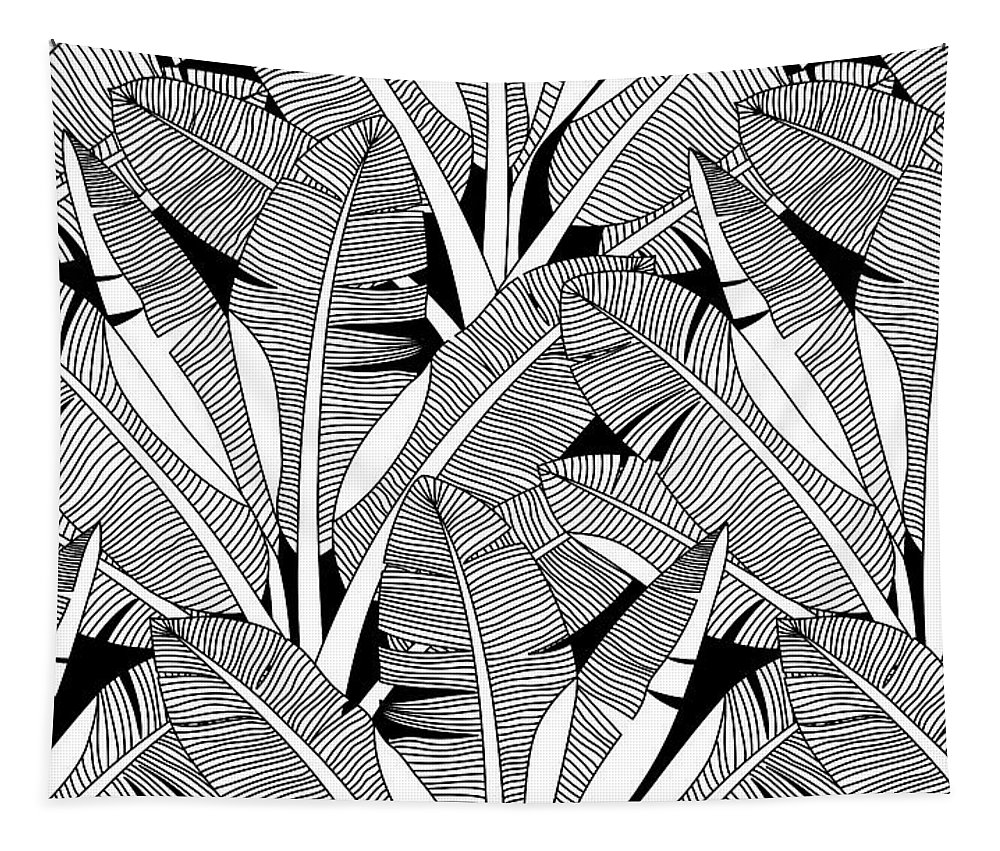 Black and white exotic plant and palm tree botanical illustration bananas tree seamless pattern tropical plants and trees adult colouring zentangle book page tapestry by julien