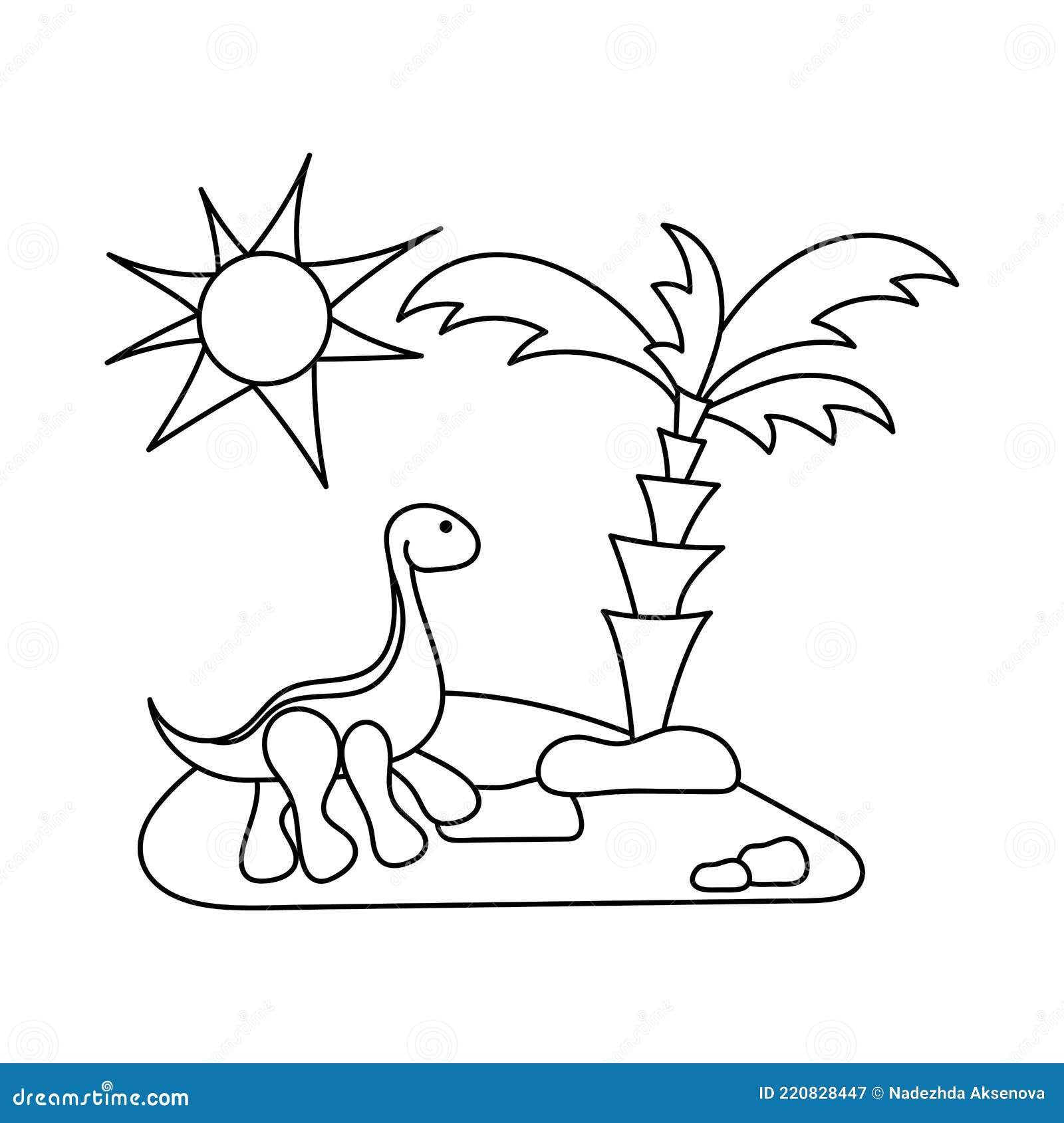 Coloring book for children cute dinosaur on an island with a palm tree animal and nature stock vector