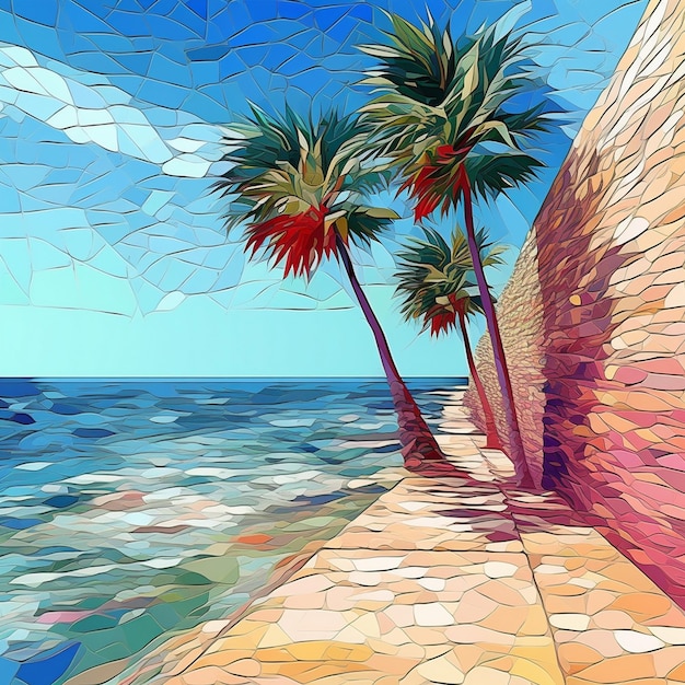 Premium ai image a mosaic of palm trees and a stone walkway with the ocean in the background