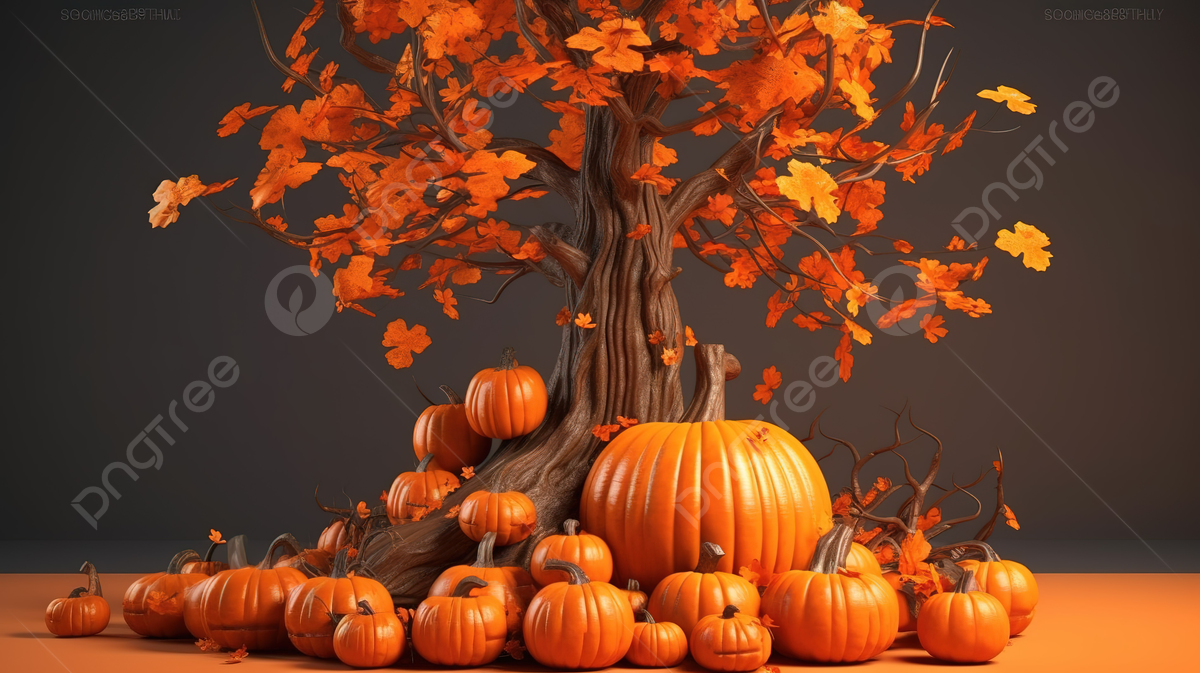 Halloween tree made of pumpkins and leaves background d bright orange podium or pedestal with halloween pumpkin and blooming tree autumn holidays hd photography photo halloween pumpkin background image and wallpaper for