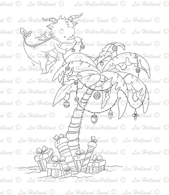 Dragon decorating a christmas palm tree digital stamps christmas card making