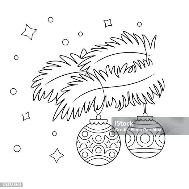 Coloring page of a christmas tree decorations and ornaments fir tree branches coloring book for kids stock illustration