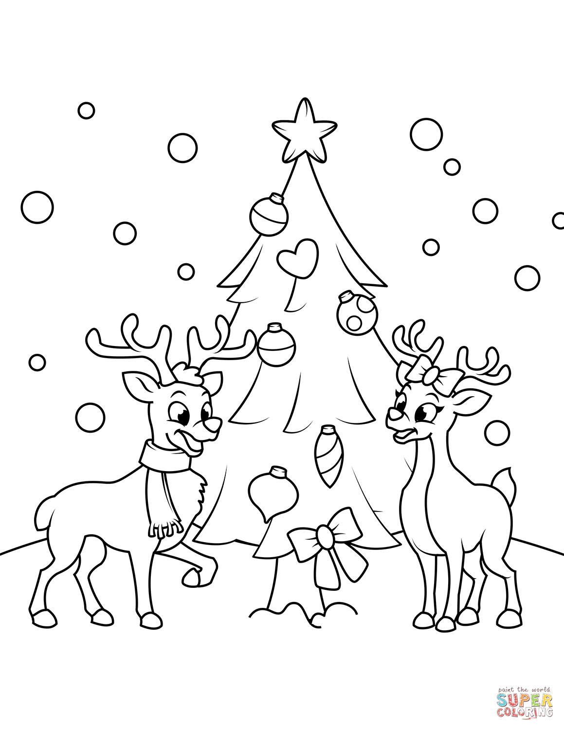 Reindeers near the christmas tree coloring page free printable coloring pages