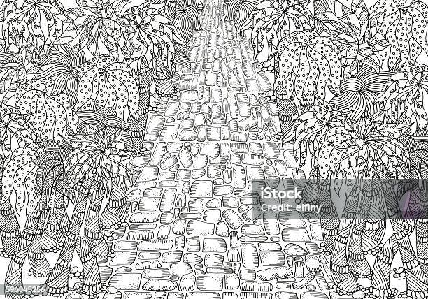 Adult coloring book page long road and palm trees stock illustration