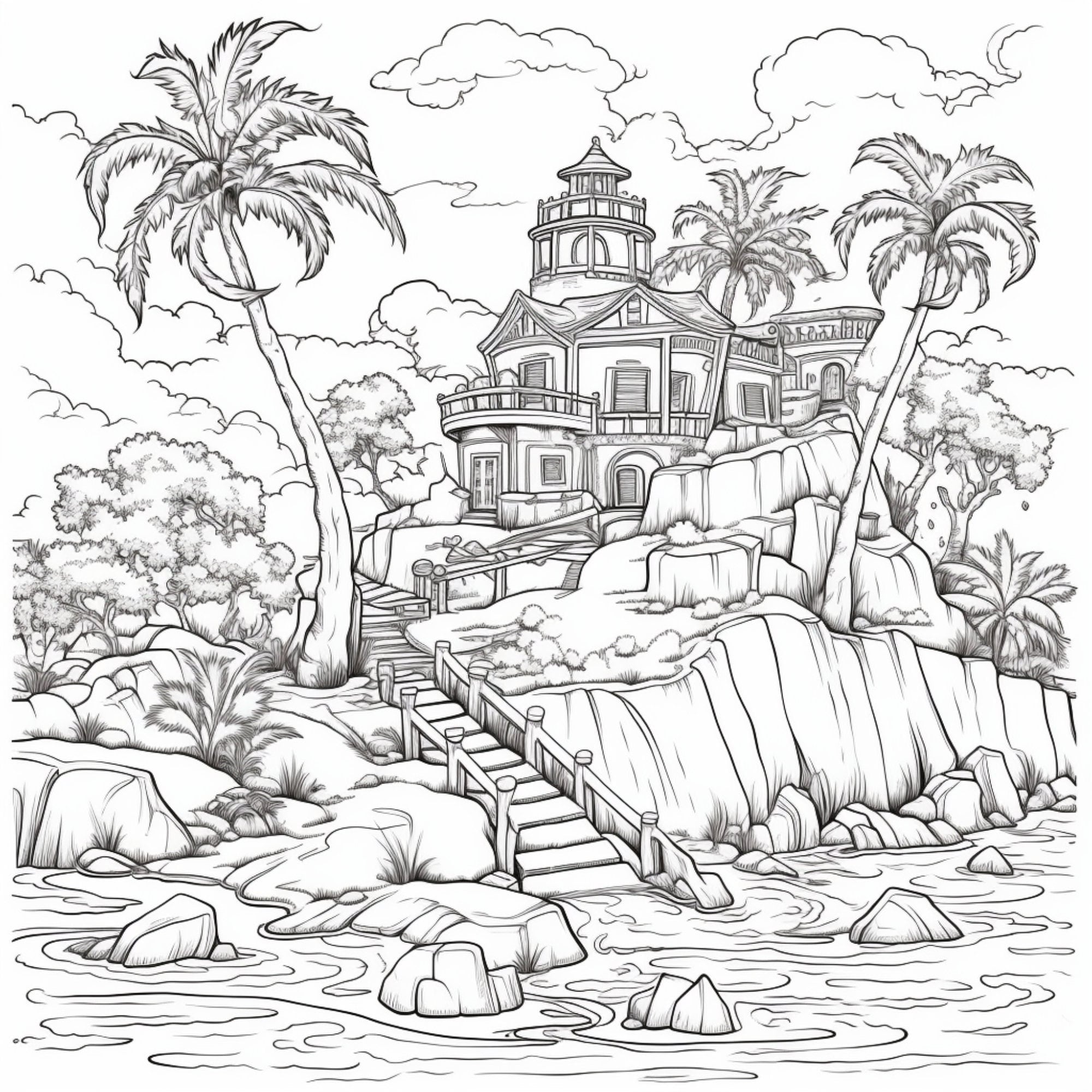 Printable tropical island coloring pages for kids and adults digital download pdf