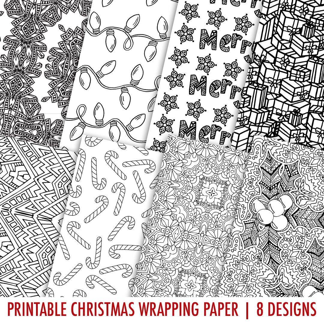Printable christmas wrapping paper pack print and color your own christmas gift wrap with these coloring page wrapping paper designs