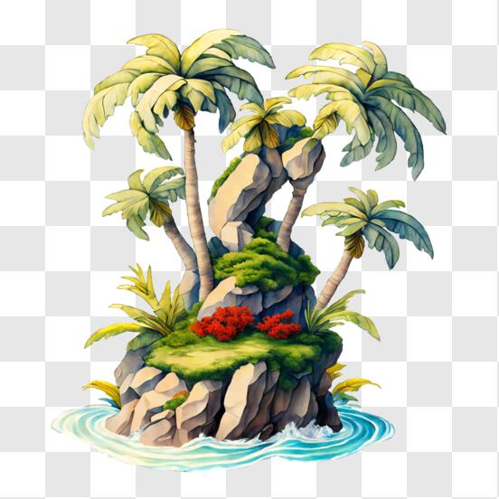 Download colorful cartoon island illustration with palm trees and water png online