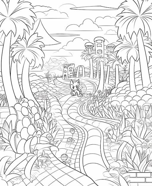 Premium ai image black and white illustration of a road with a forest and palm trees on the horizon