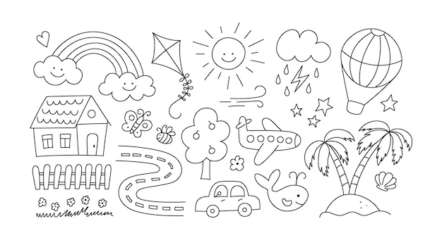 Premium vector children drawings set kids doodle hand drawn road with car and cute house sand island and palm trees smiling sun cloud and rainbow editable stroke vector illustration on white
