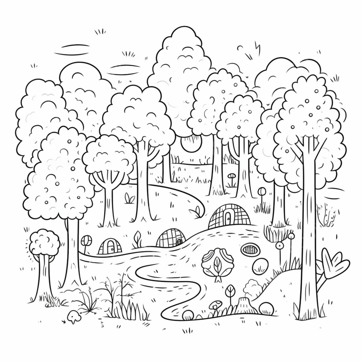 Forest for coloring page with forest trees and river tree drawing forest drawing river drawing png transparent image and clipart for free download