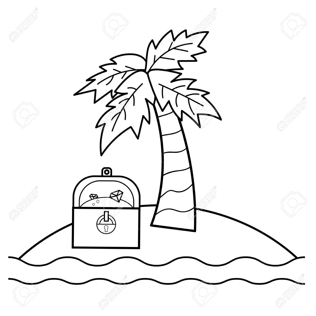 Coloring page for kids treasure island with treasure chest and palm vector illustration royalty free svg cliparts vectors and stock illustration image