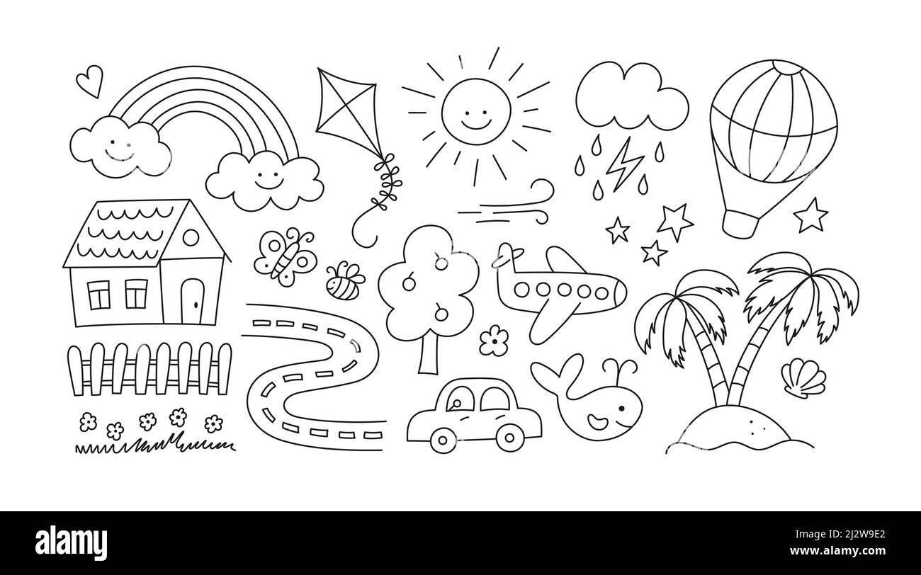 Children drawings set kids doodle hand drawn road with car and cute house sand island and palm trees smiling sun cloud and rainbow editable stock vector image art