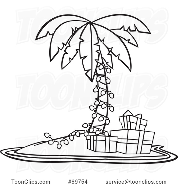 Black and white outline cartoon christmas island with a palm tree and gifts by ron leishman