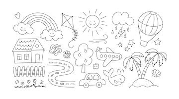 Premium vector children drawings set kids doodle hand drawn road with car and cute house sand island and palm trees smiling sun cloud and rainbow editable stroke vector illustration on white