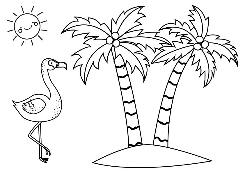 Dibujo del verano para colorear unas palmeras con un flamenco o pelãcano