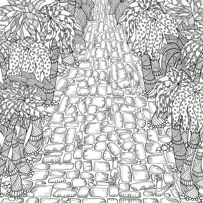 Adulto para colorear pãgina del libro largo camino y palmeras ãrboles clipart de stock royalty