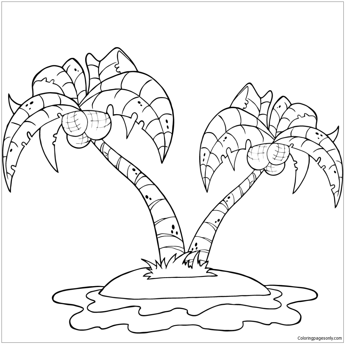 Dibujo de palmeras de coco en la isla para colorear