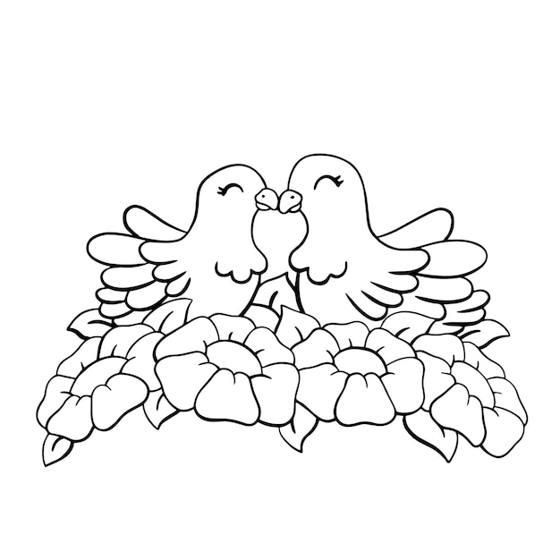 Premium vector a couple of doves in love sitting in flowers coloring page for kids digital stamp