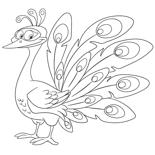 Pavo real con hermosa cola pãgina del libro de colorear de dibujos animados para niãos vector premium