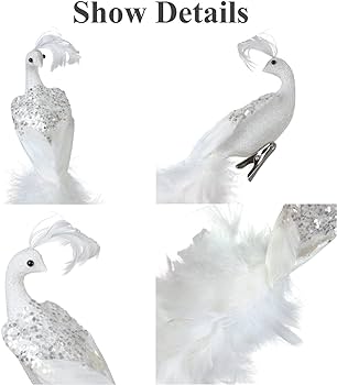 Bestalice adornos de navidad de pavo real blanco adorno de clip de pavo real de cola de pulgadas de largo adorno de navidad de fãnix con purpurina plumas de