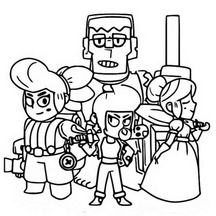 Brawl stars epic brawlers team includes frank piper pam and bibi coloring page