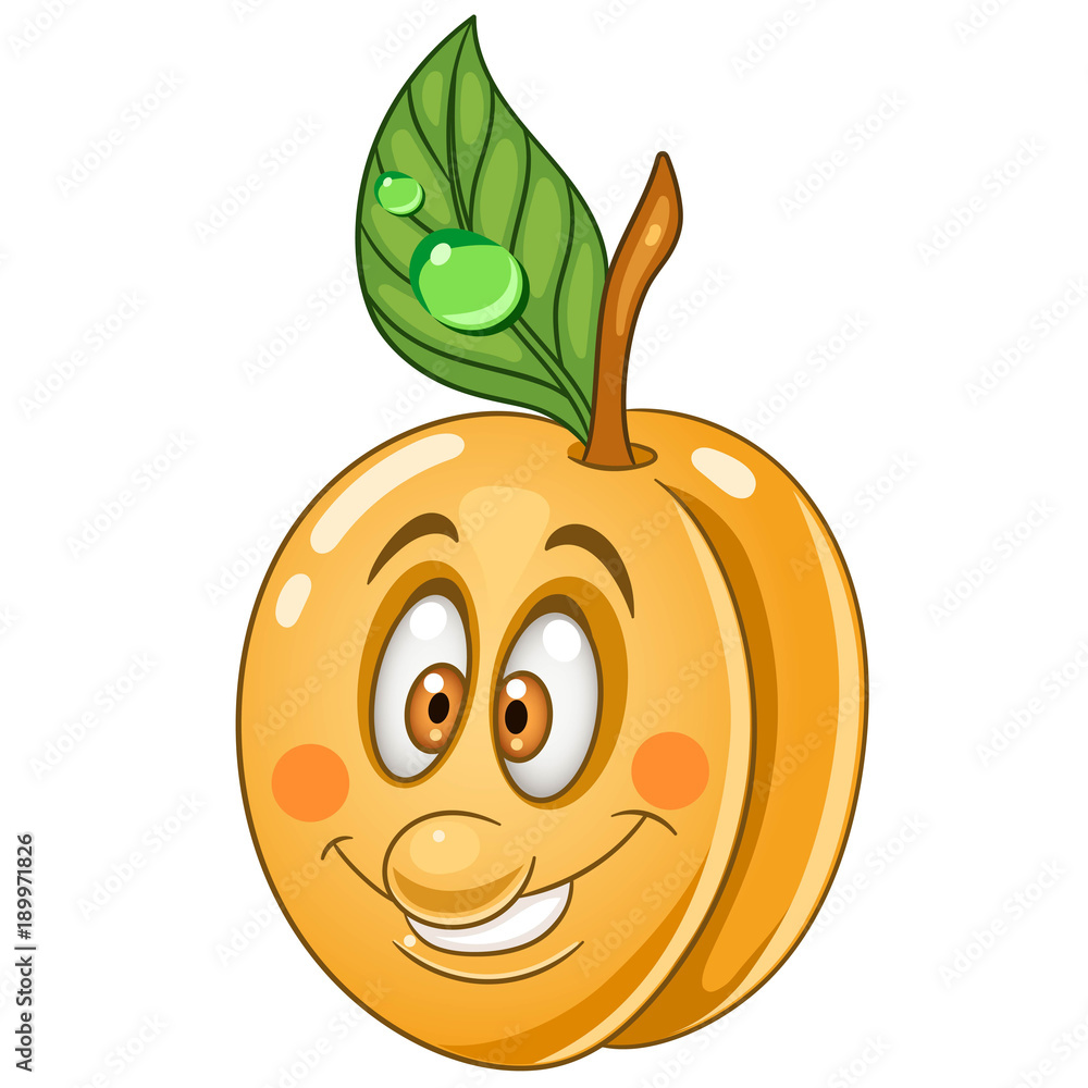 Cartoon apricot happy fruit emoticon smiley emoji eco food symbol design element for kids coloring book page t