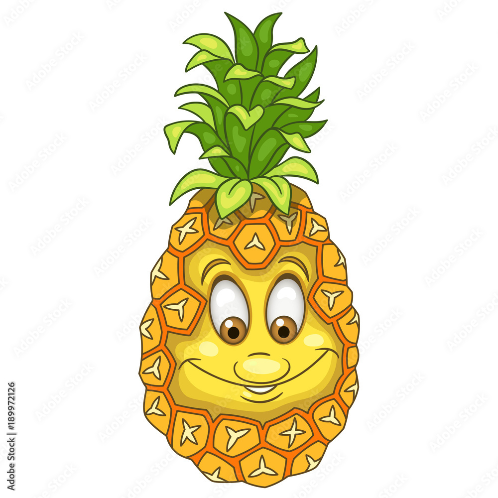 Cartoon pineapple happy fruit emoticon smiley emoji eco food symbol design element for kids coloring book page t
