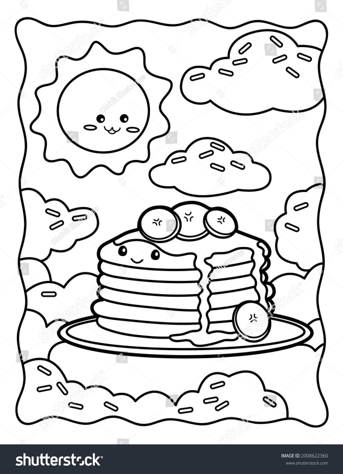 Kawaii coloring page morning banana pancakes stock illustration