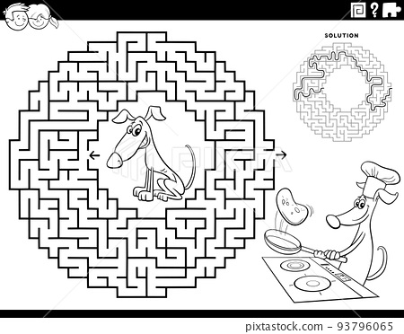 Maze game with dog making pancakes coloring page
