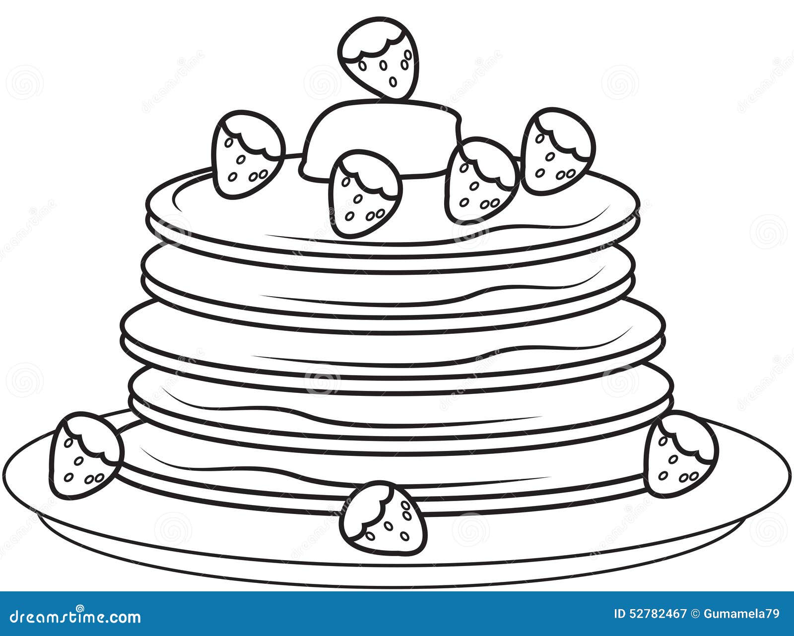 Pancakes with strawberries coloring page stock illustration