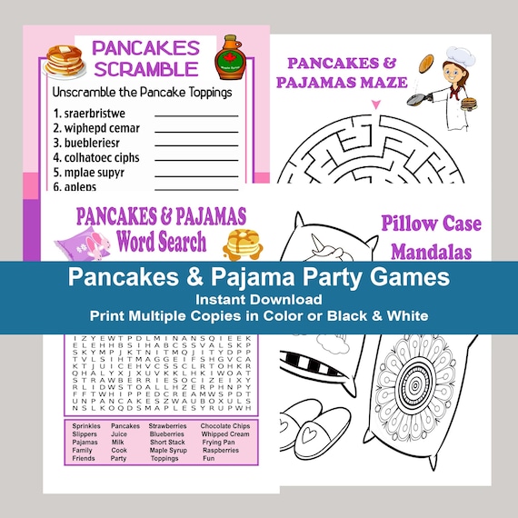 Pancakes and pajamas party game bundle pancakes and pajamas mandalas pancakes coloring sheet maze pancakes and pajamas games for tweens