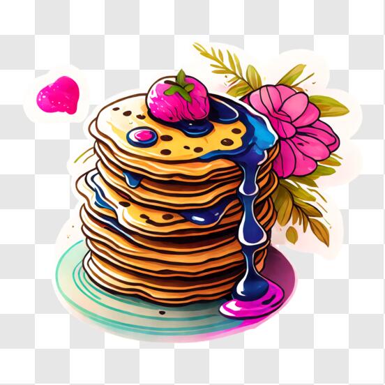 Download delicious stack of pancakes with syrup and strawberry png online