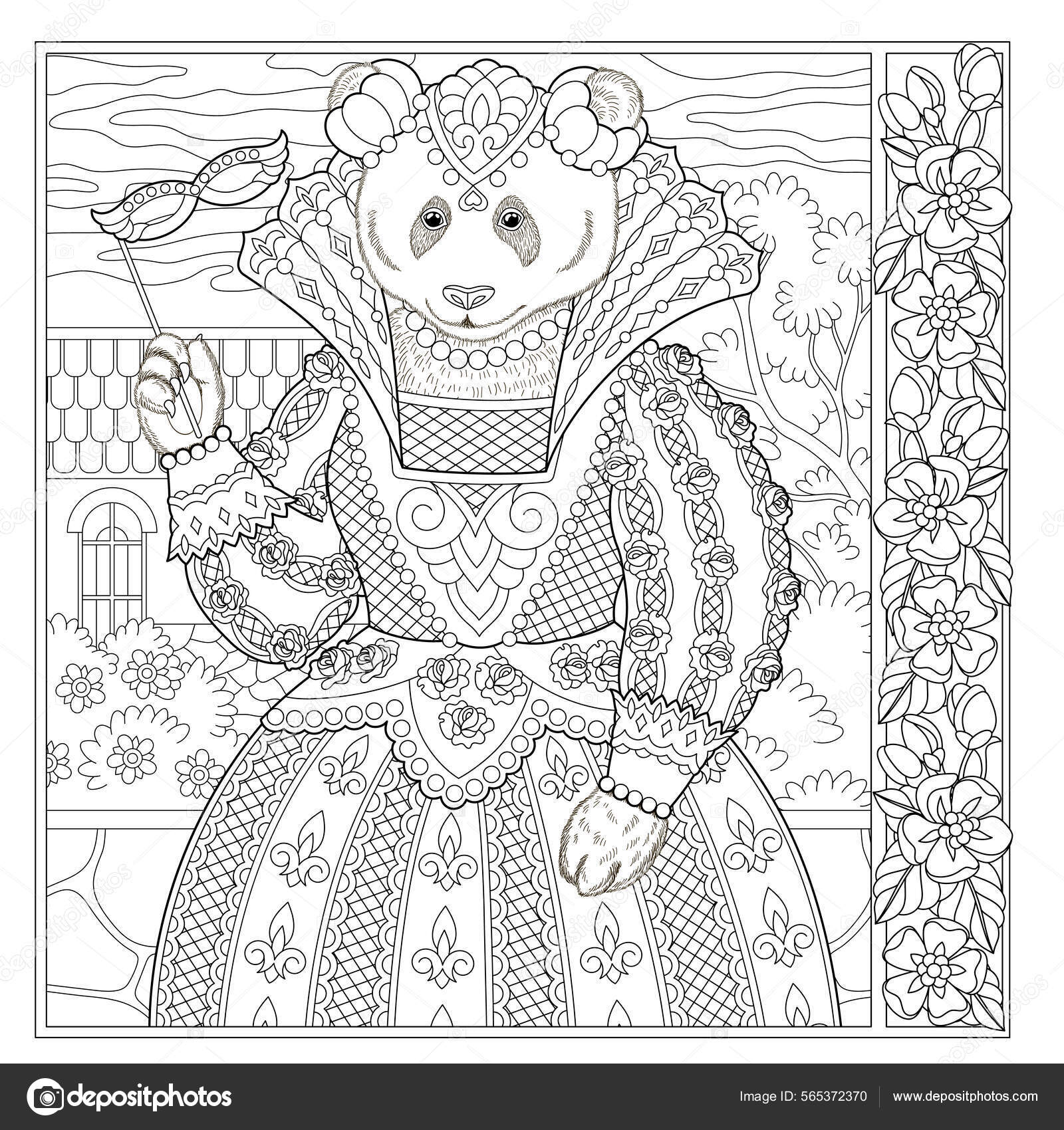 Floral adult coloring book page fairy tale panda bear female â kuvapankkivektori sybirko